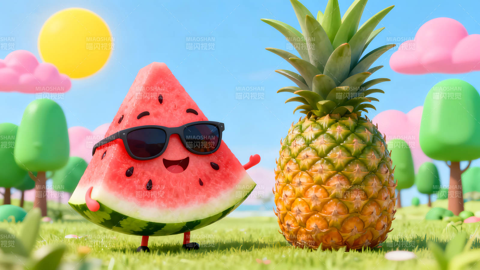 西瓜和菠萝在阳光下玩耍图片