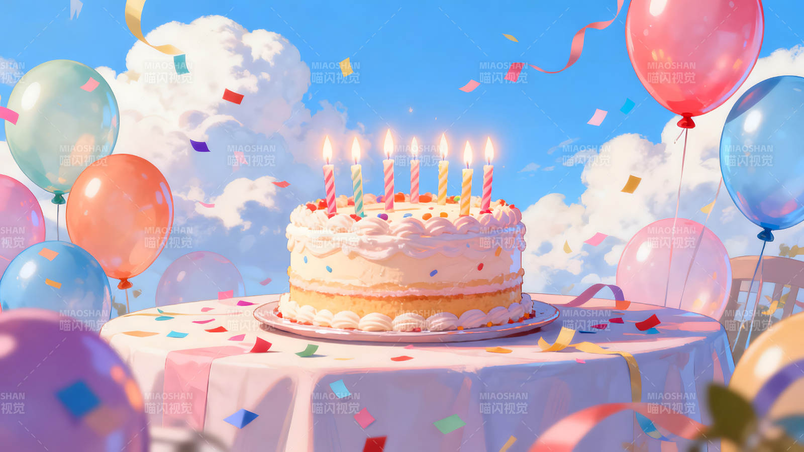 生日蛋糕周围有气球和彩带图片