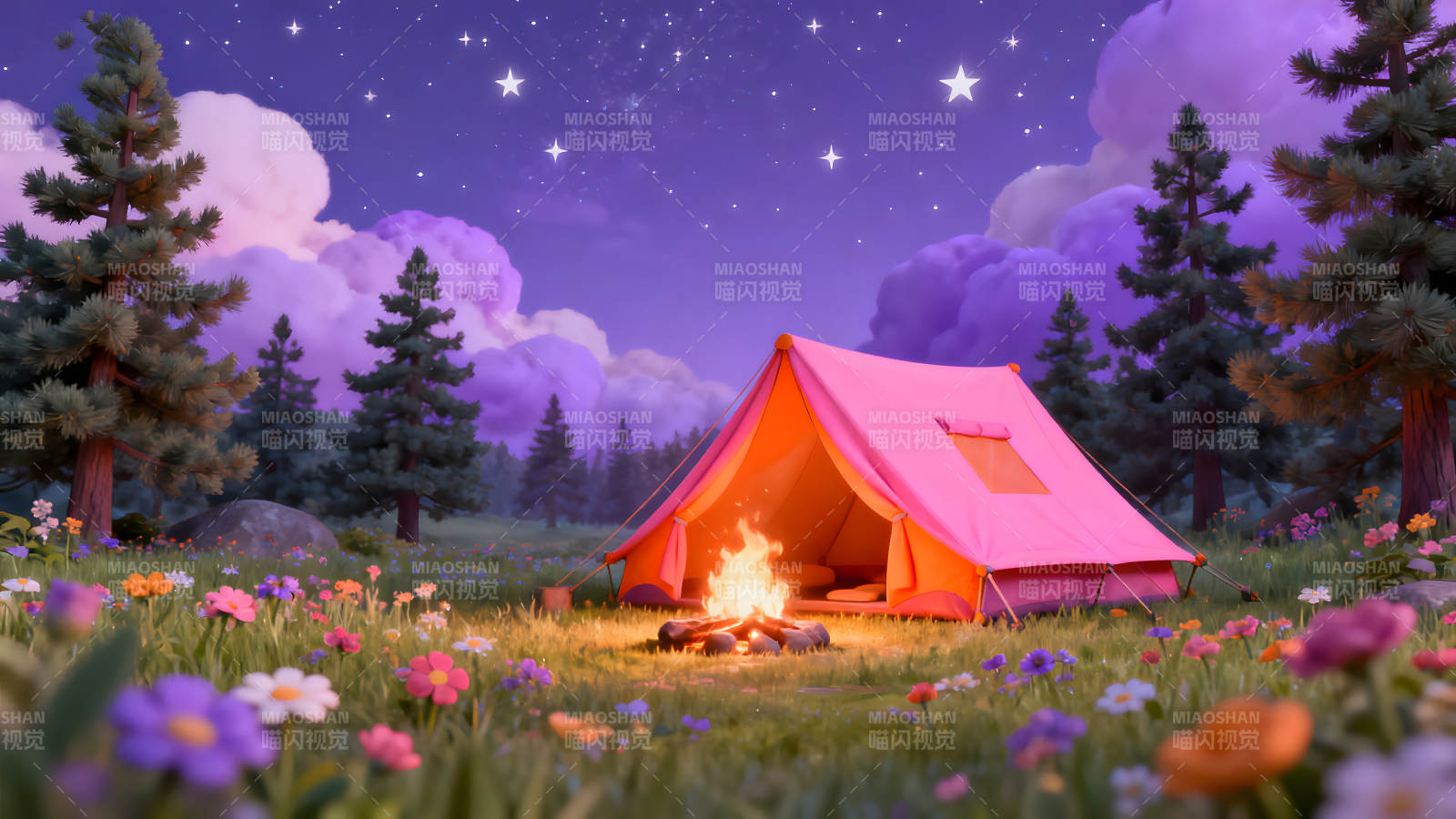 梦幻粉色露营场景图片