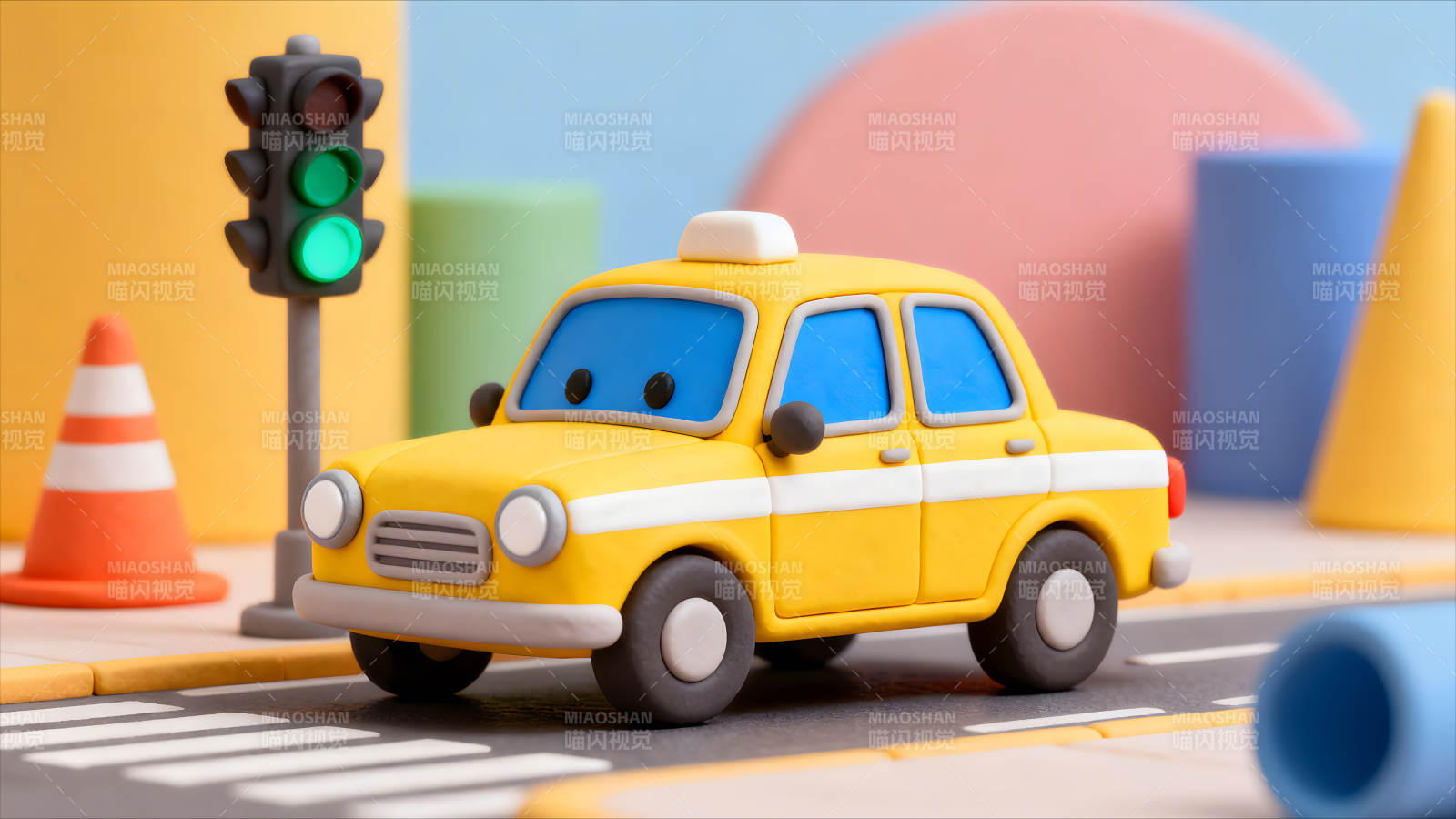 可爱的玩具出租车在街道上行驶图片