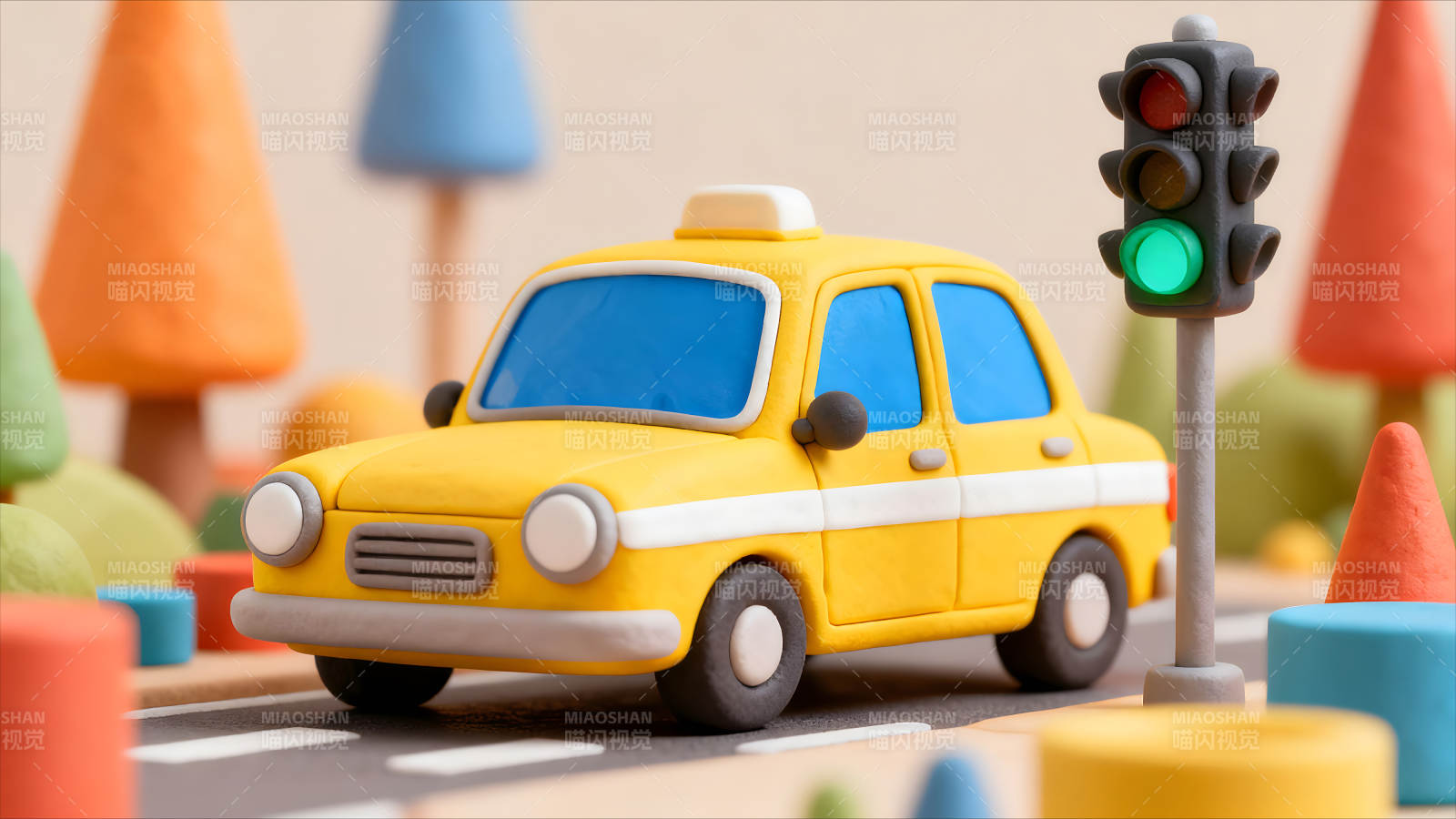 玩具出租车在交通信号灯下行驶图片