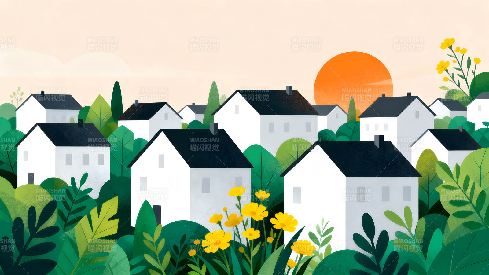 宁静村庄阳光明媚景色宜人图片