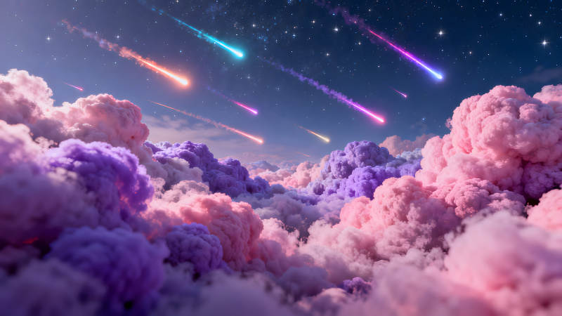 梦幻星空流星雨与彩色云朵交织图片