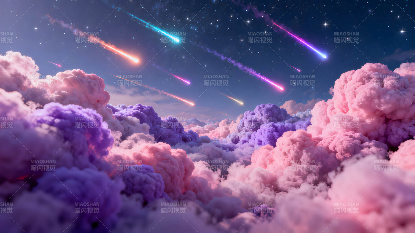 梦幻星空流星雨与彩色云朵交织图片