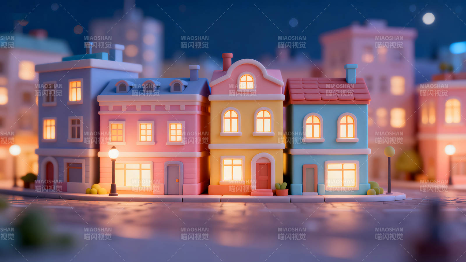 卡通夜景城市房屋灯光温馨图片