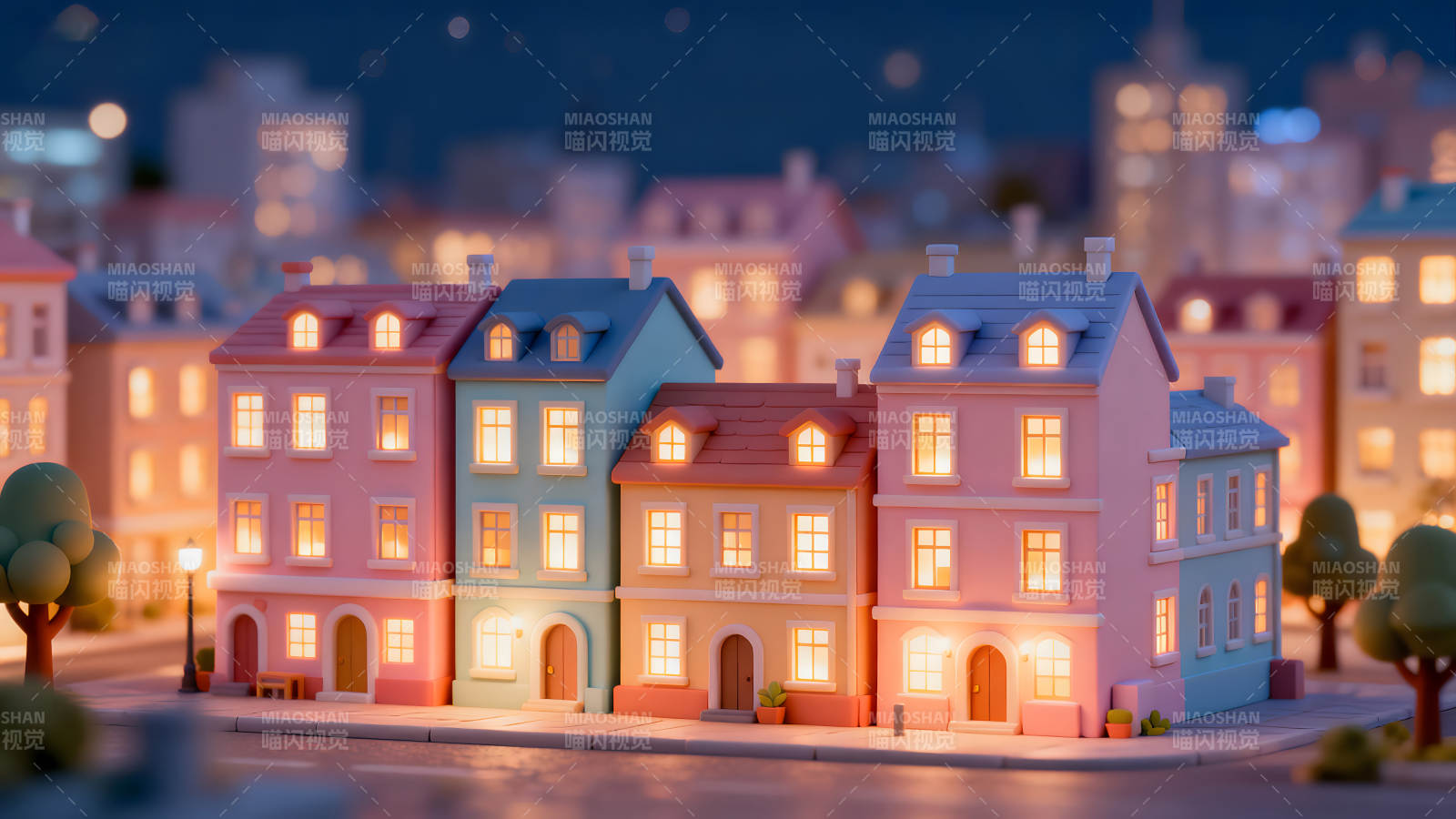 可爱夜景卡通小镇房屋图片