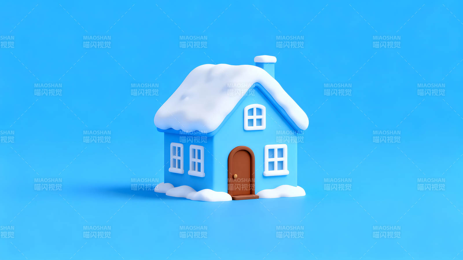 蓝色的房子被白雪覆盖背景是蓝色图片