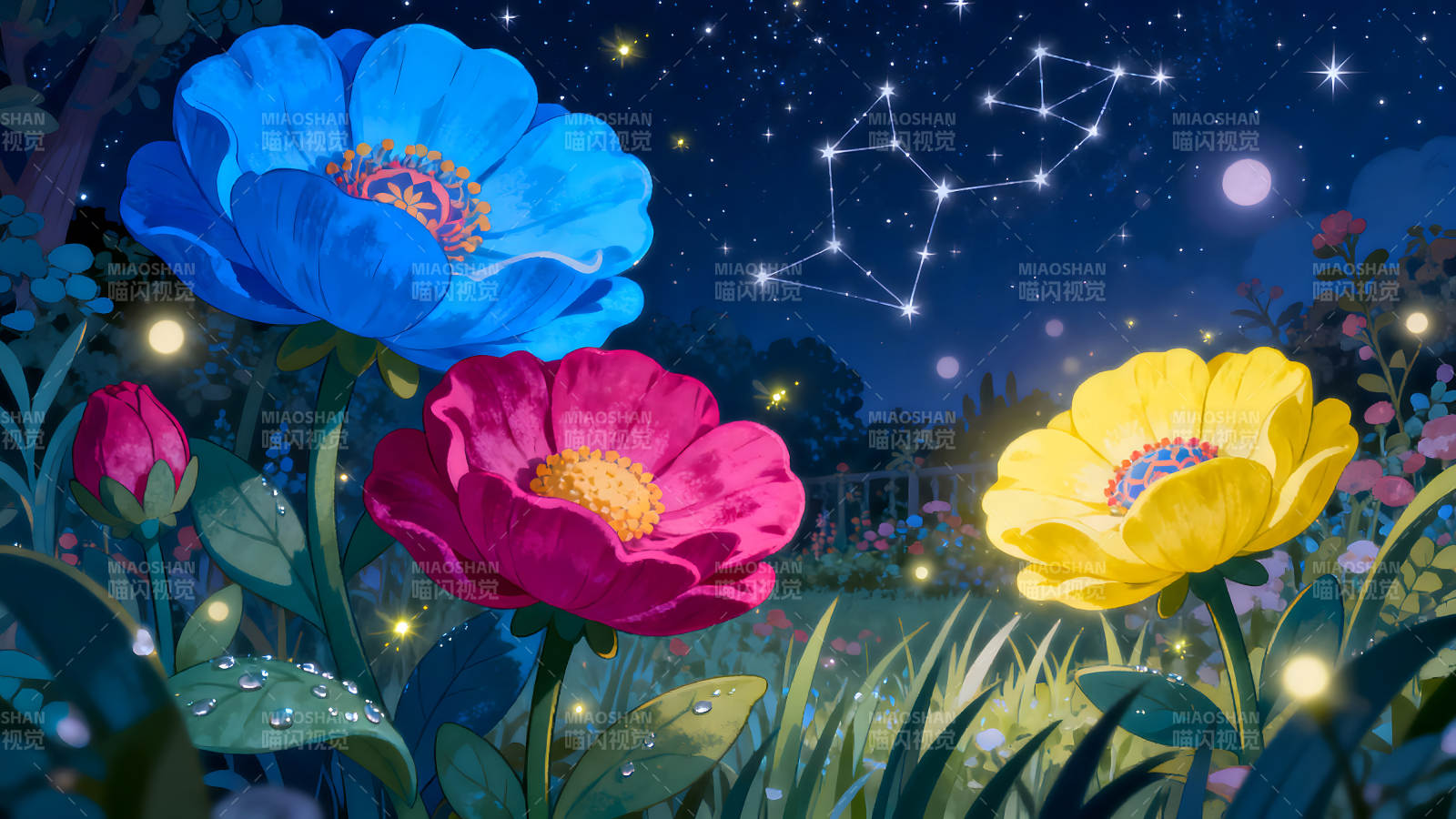 夜晚花园鲜花闪耀星空图片