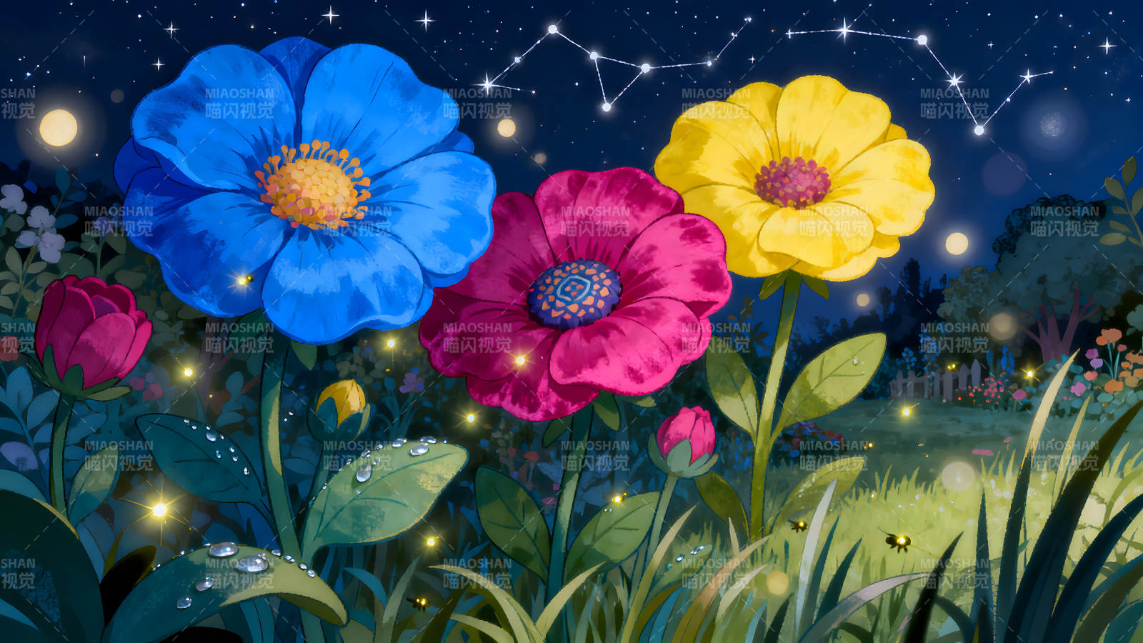 梦幻花园夜景花朵绽放星光闪烁图片
