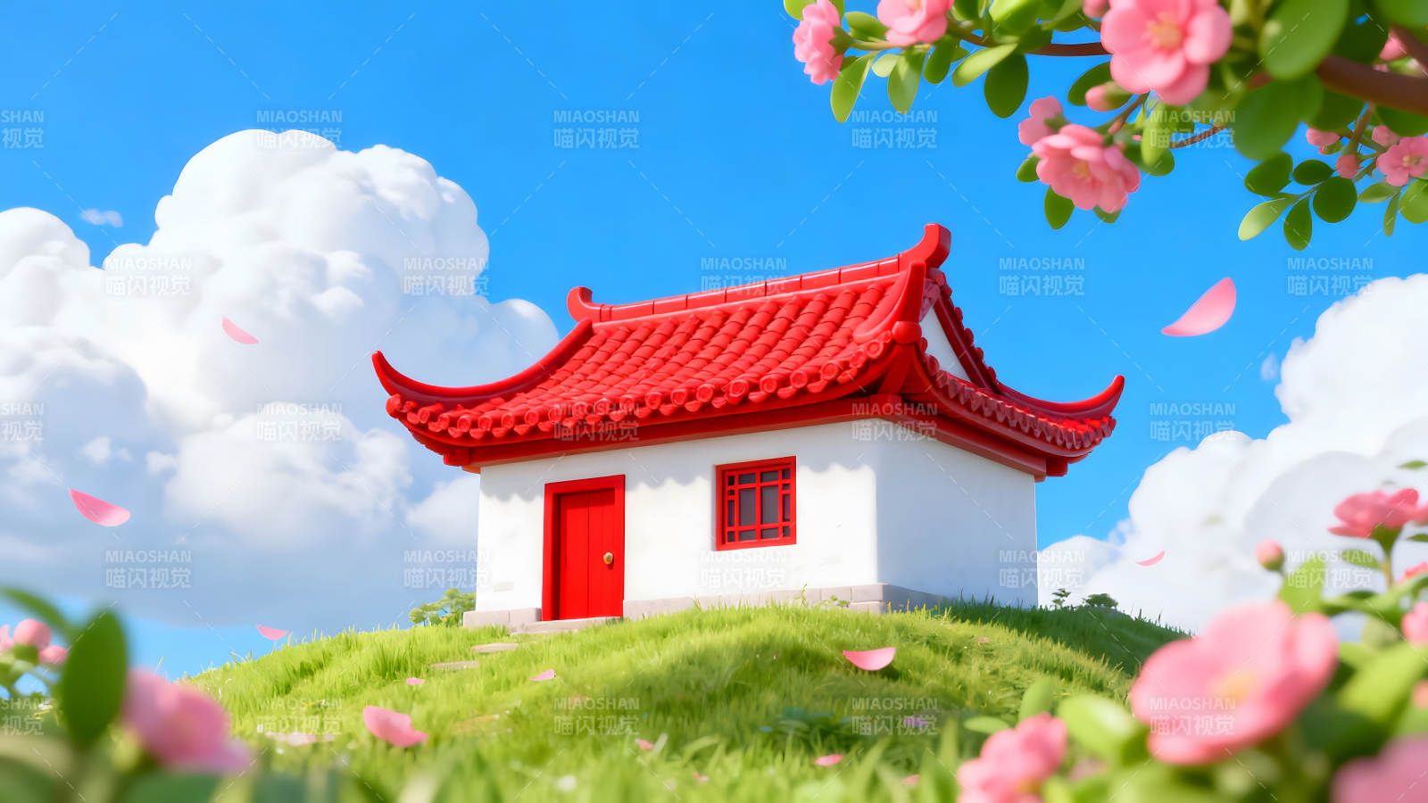 红瓦白墙小院绿草蓝天花瓣飘落图片