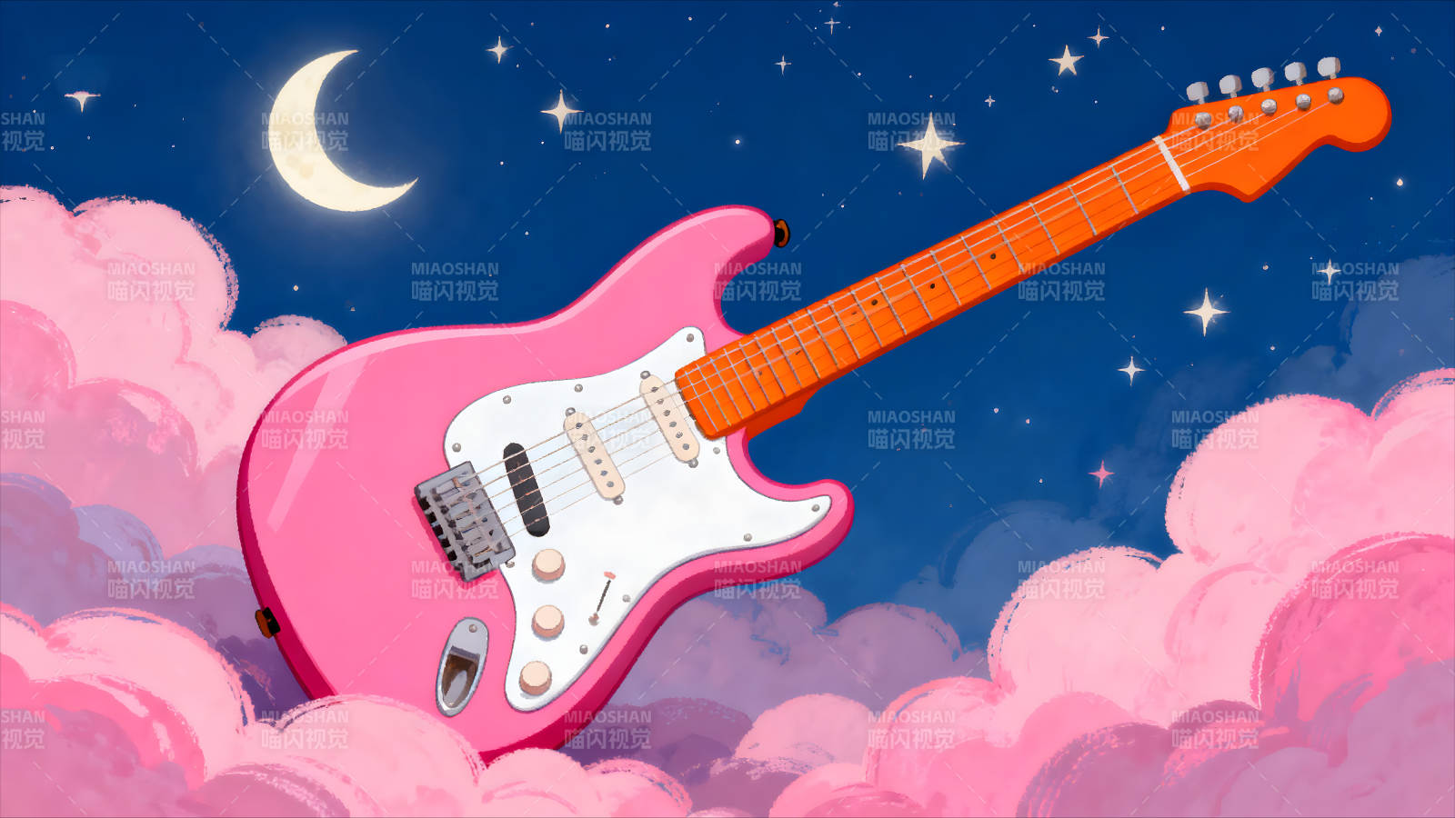 粉色吉他夜空云朵图片