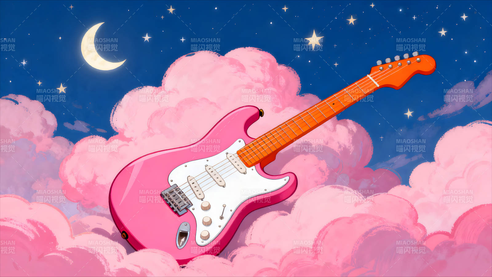 粉色吉他夜空下的浪漫图片