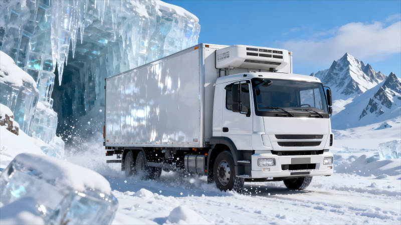 冰雪世界运输车行驶画面图片