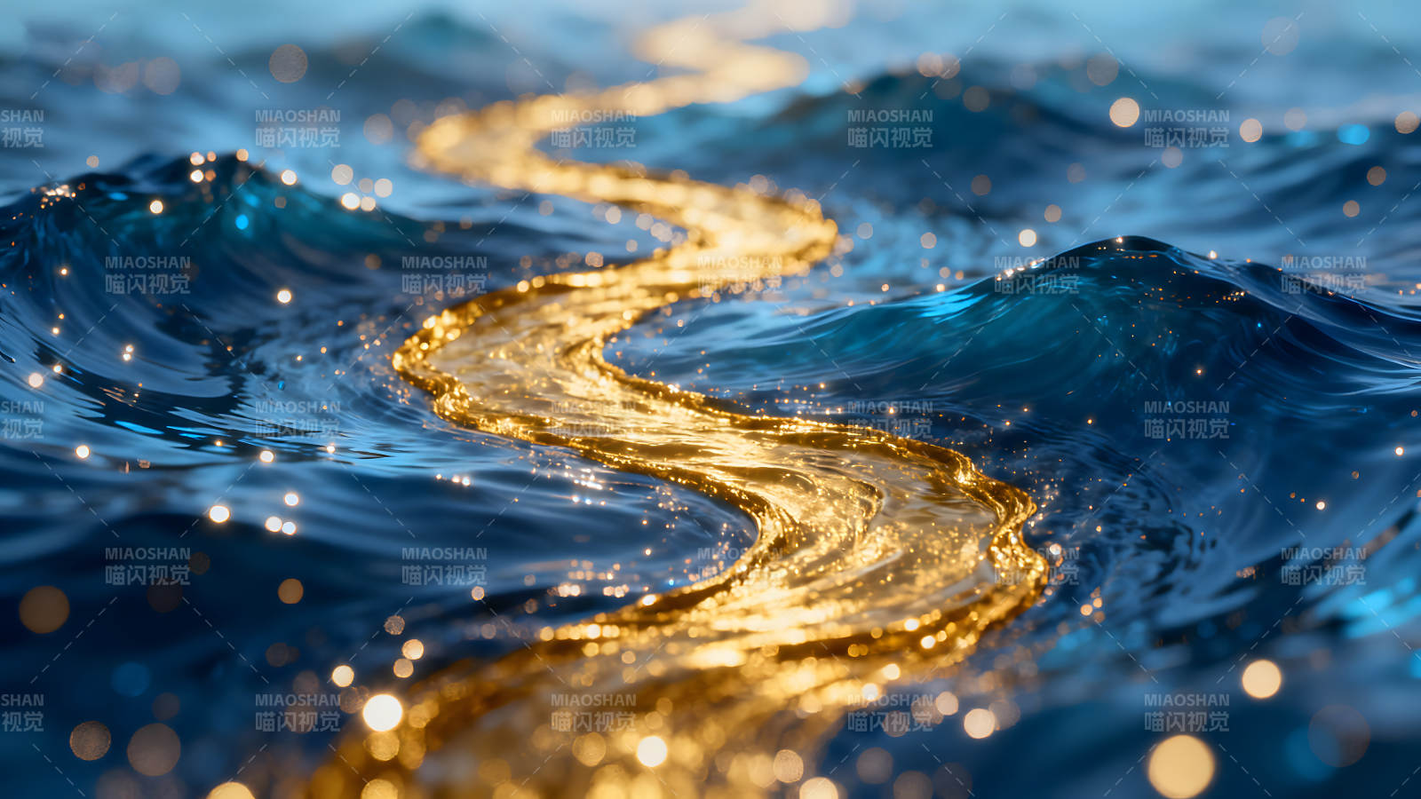 金色河流穿梭蓝色海洋波涛图片