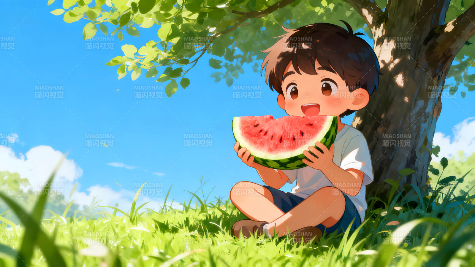 男孩吃西瓜阳光下惬意图片