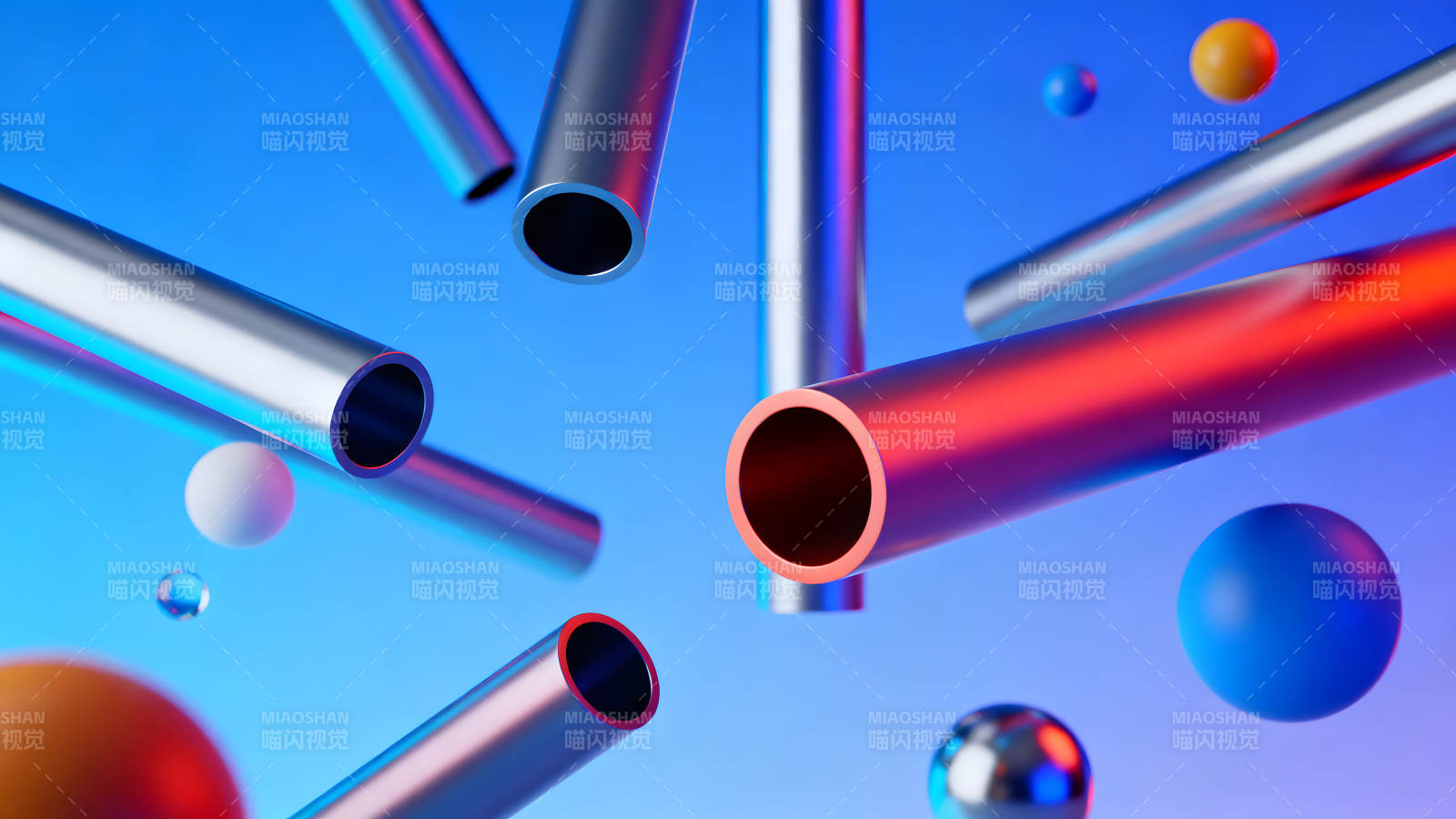 金属管和球体在蓝色背景上图片