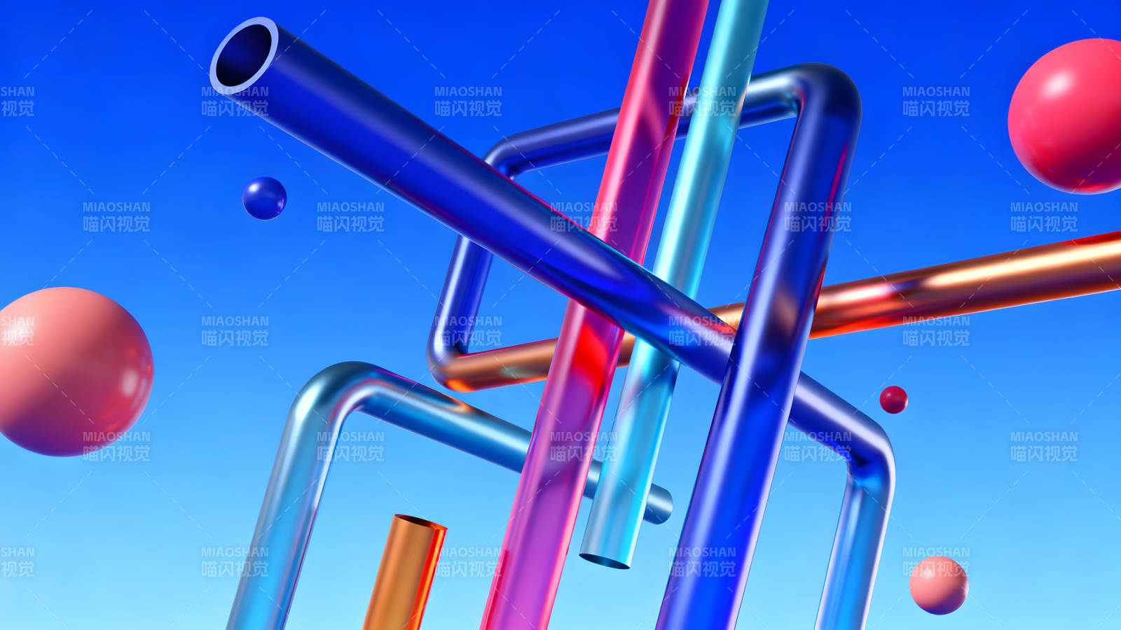 彩色管道与球体在蓝色背景下的艺术组合图片
