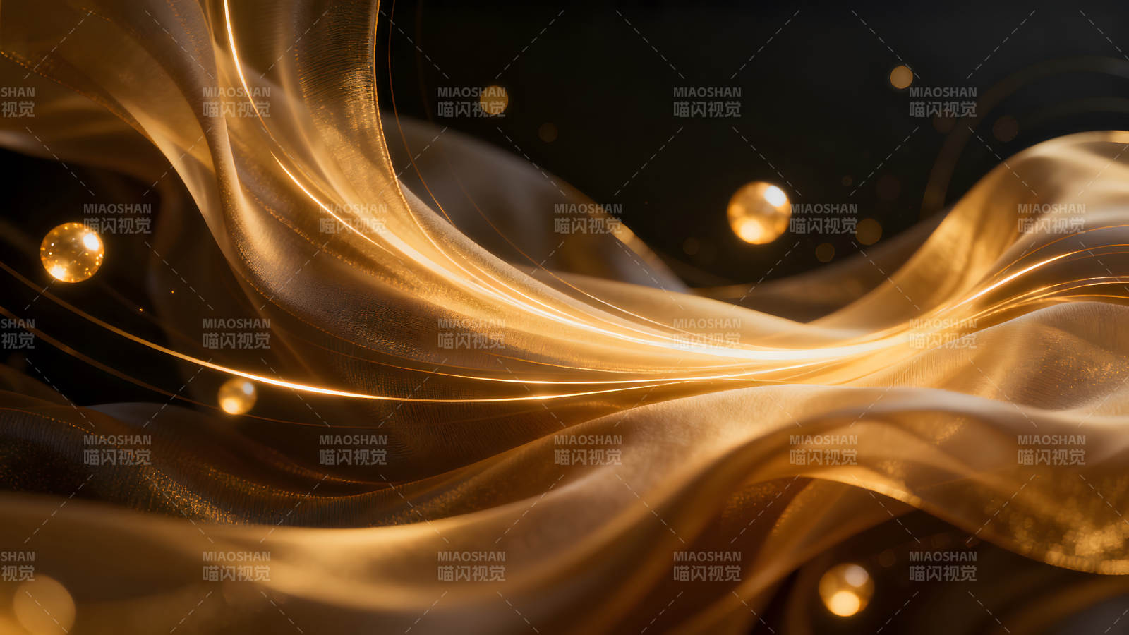金色丝绸与光球的华丽景象图片