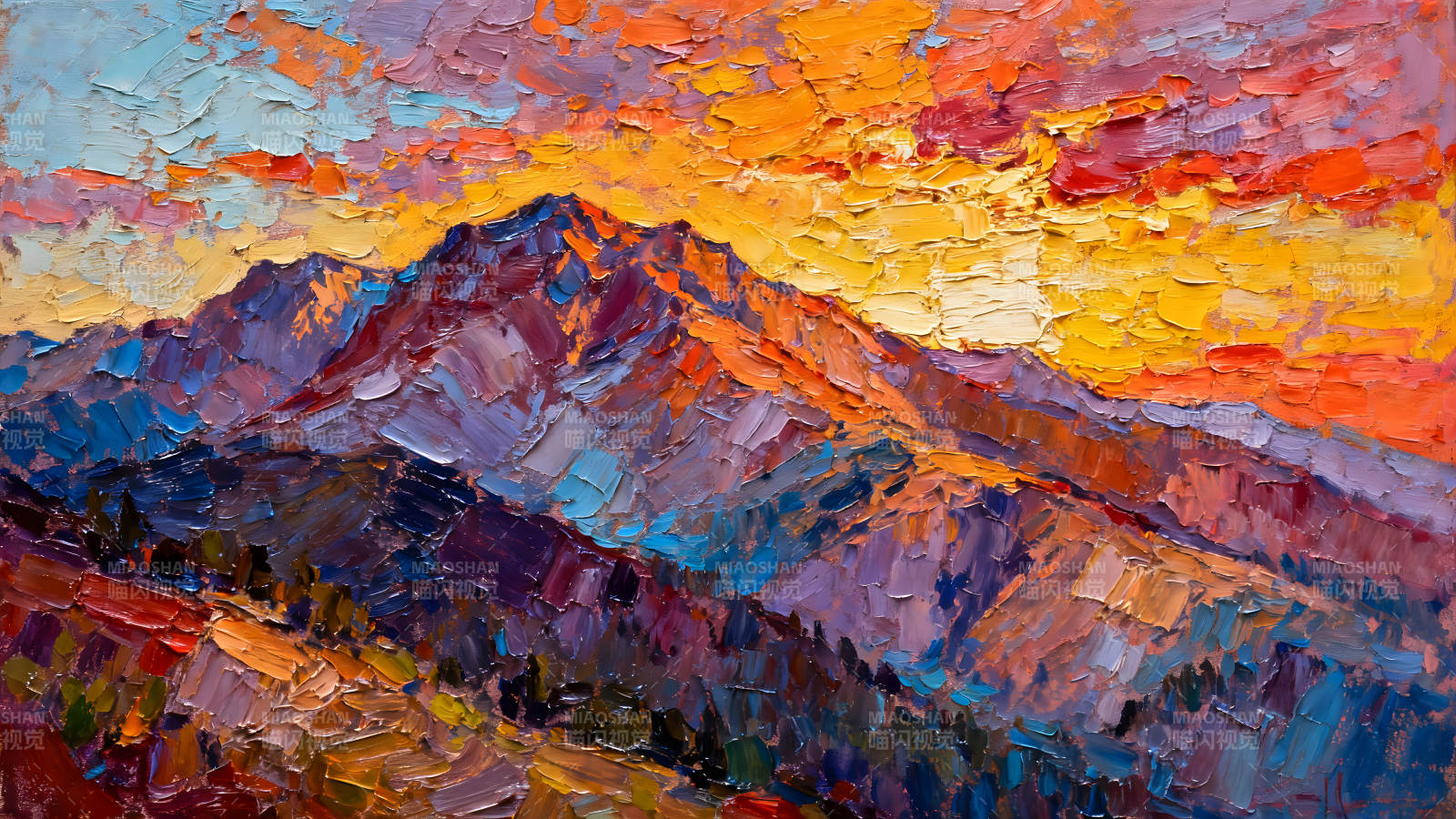 落日余晖下的山脉风景油画图片