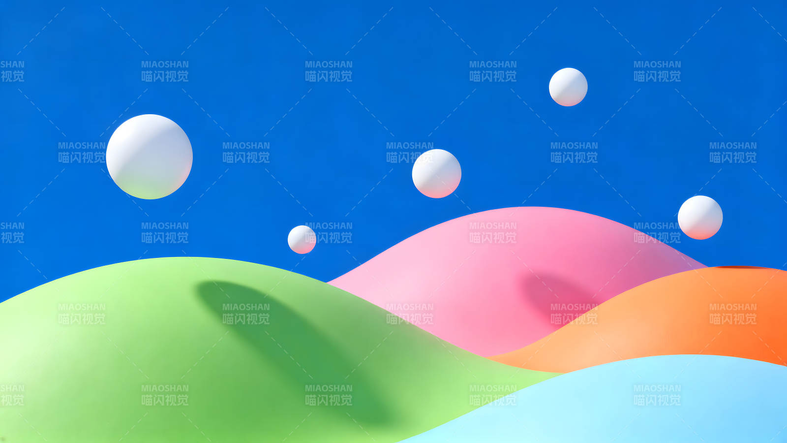 彩色山丘与白色球体构成超现实场景图片