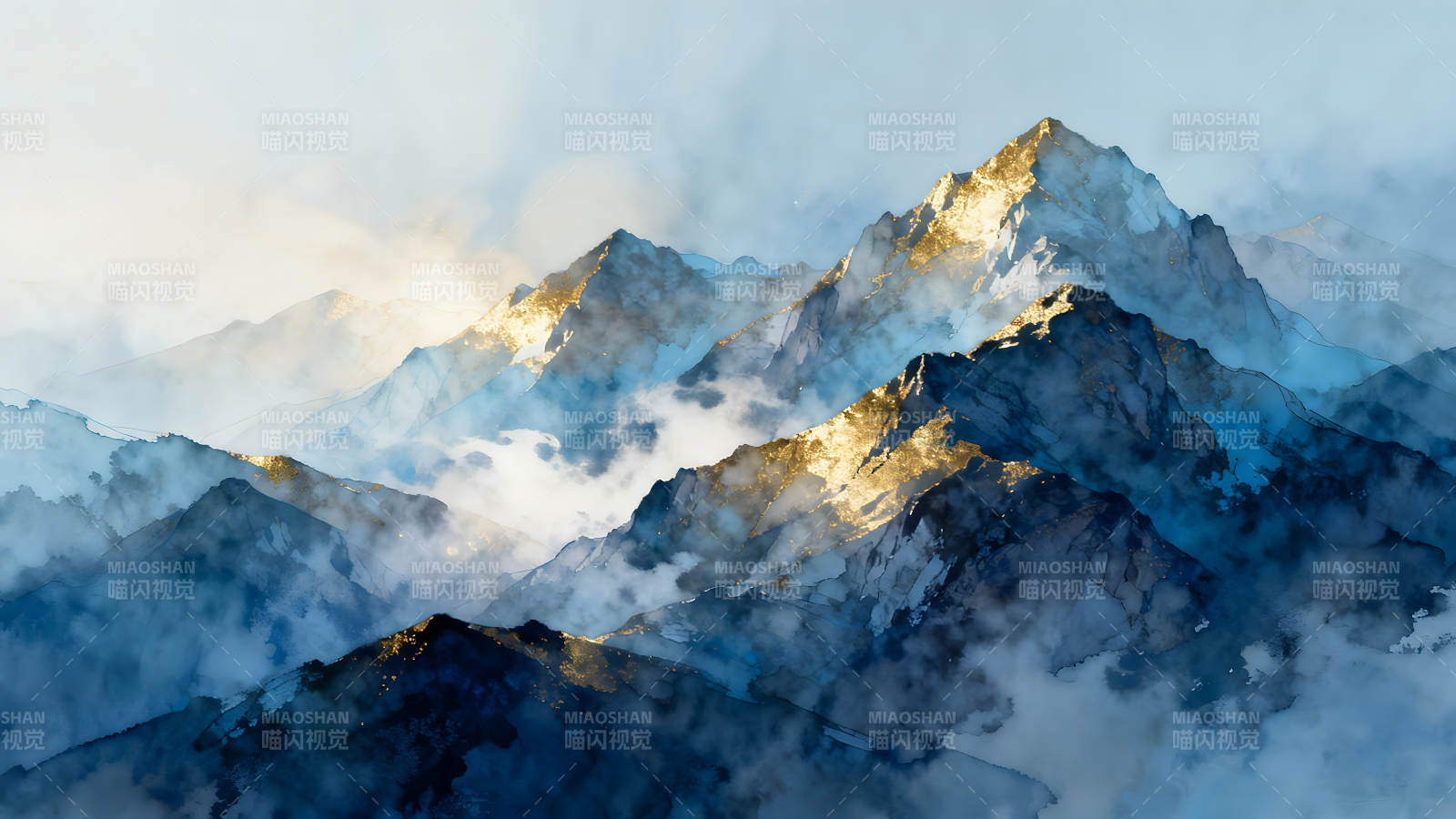 水墨山峰闪耀金光缥缈云雾图片