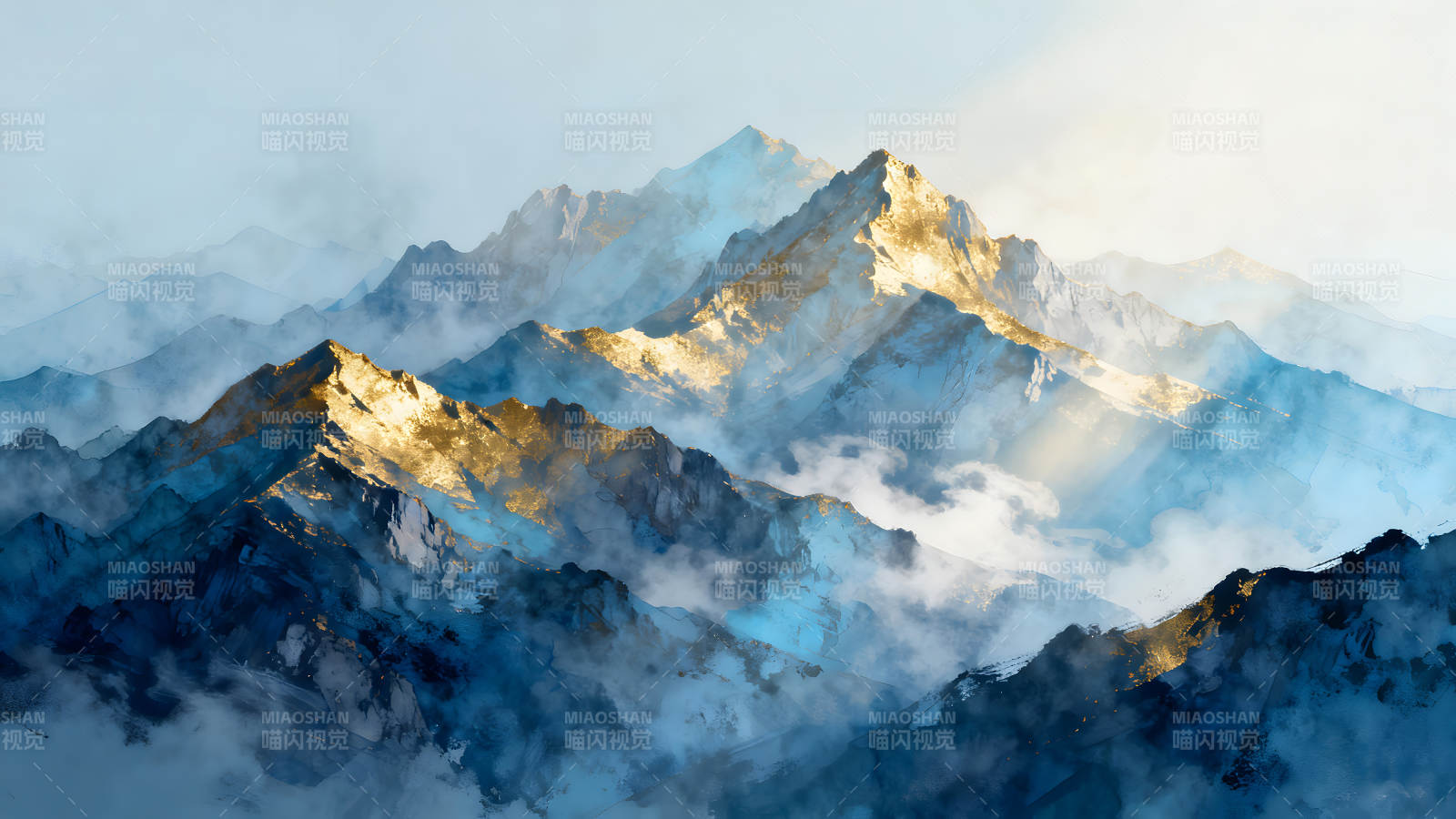 金色山峰云雾缭绕的绘画作品图片