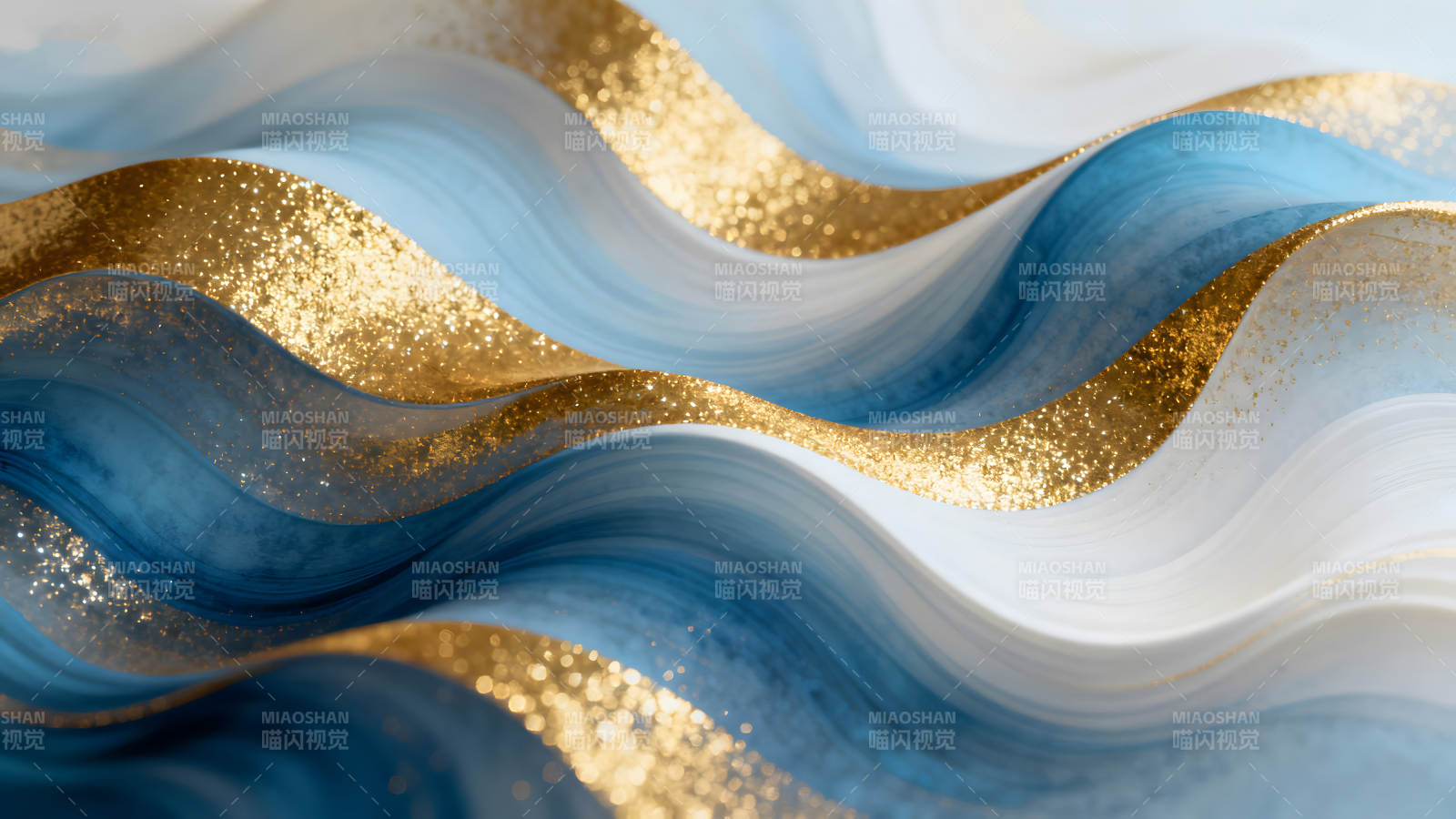 蓝色与金色的波浪抽象艺术图片
