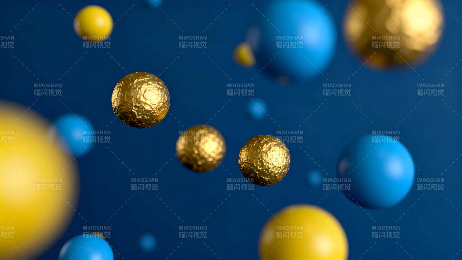 蓝色背景上的金色黄色球体漂浮图片