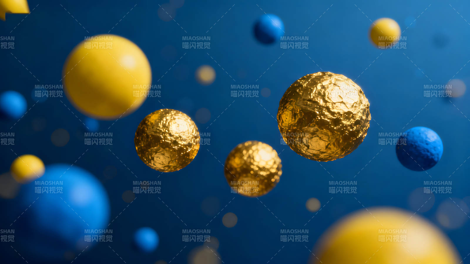 悬浮金色蓝色球体抽象艺术图片