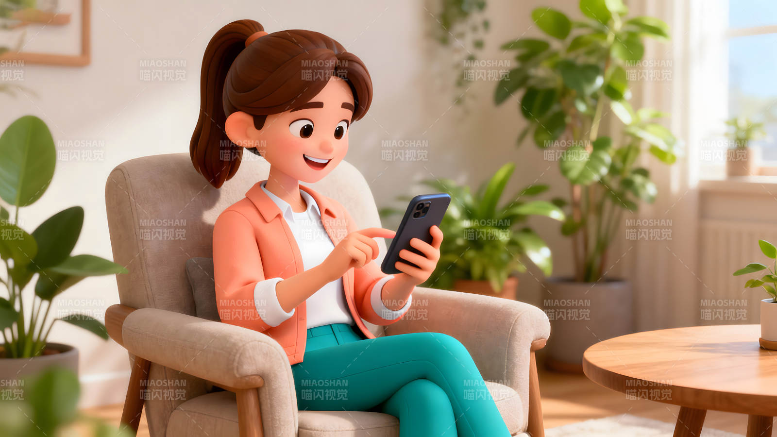 卡通女子看手机家居休闲场景图片