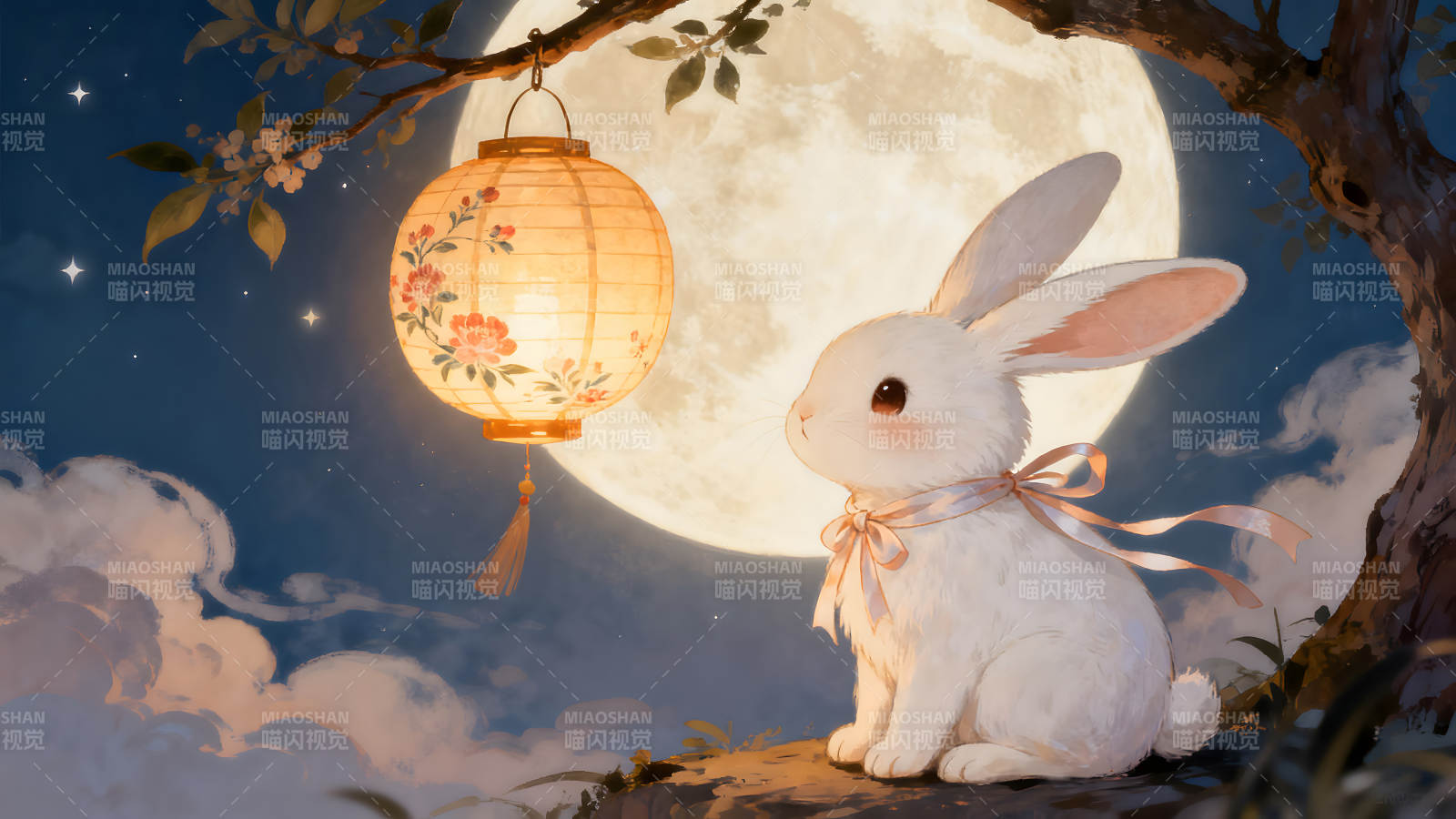 月下玉兔赏灯唯美意境图片