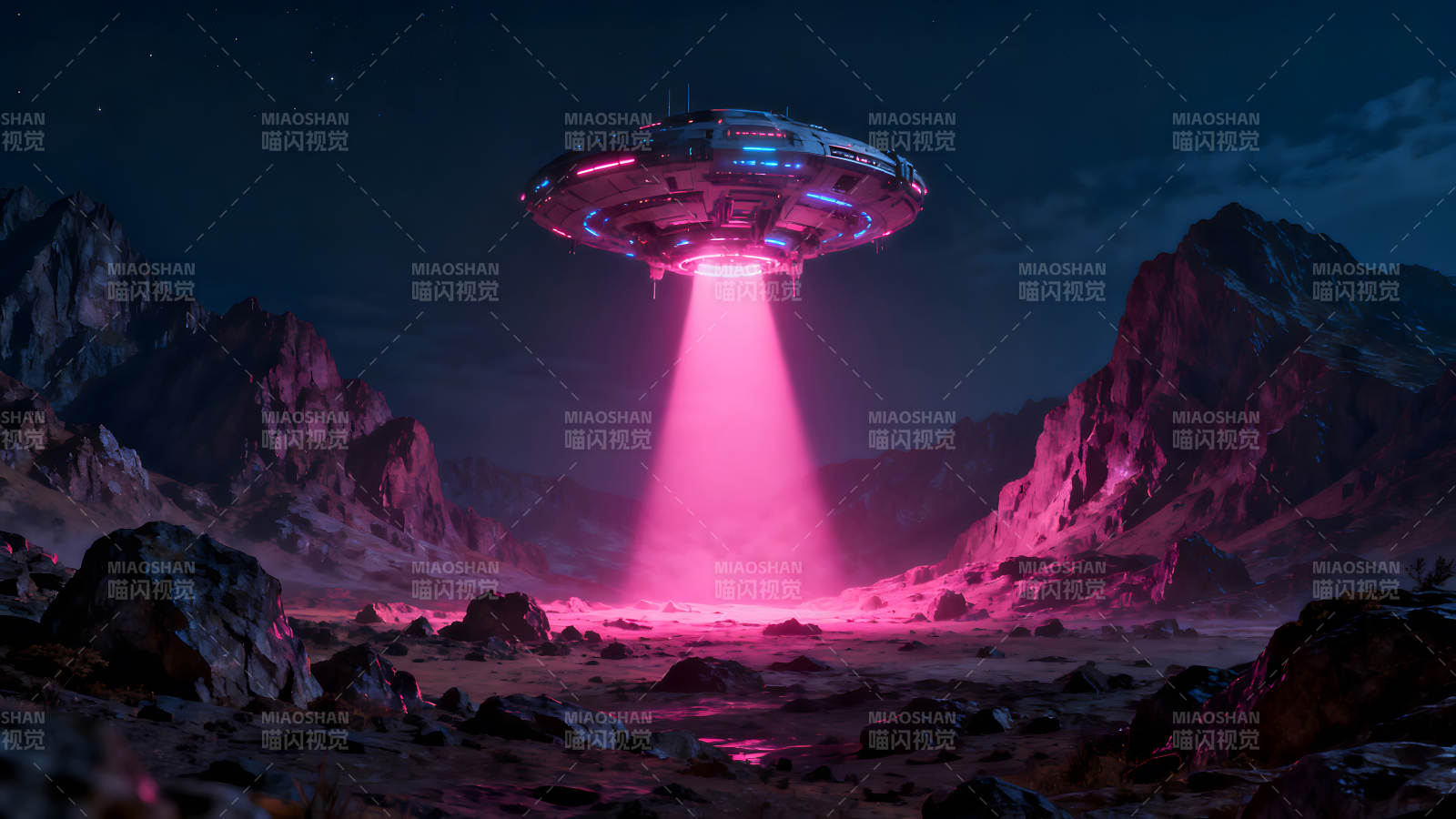 夜幕下飞碟降临荒漠地带图片