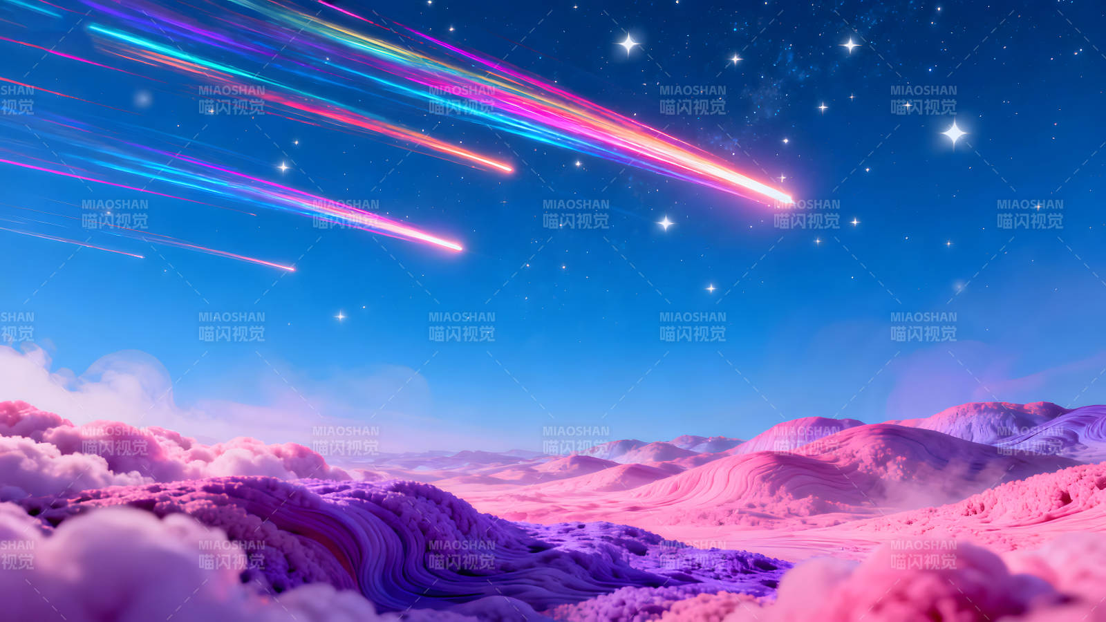 梦幻星空流星雨下的粉色星球图片