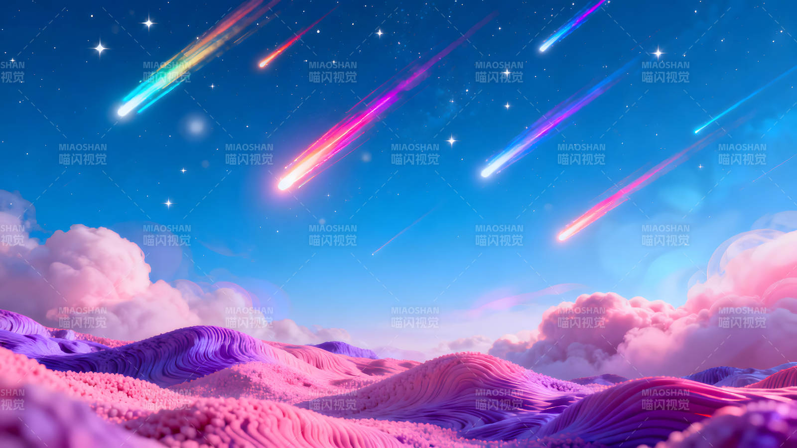 流星划过梦幻星球绚烂星空下的粉色世界图片