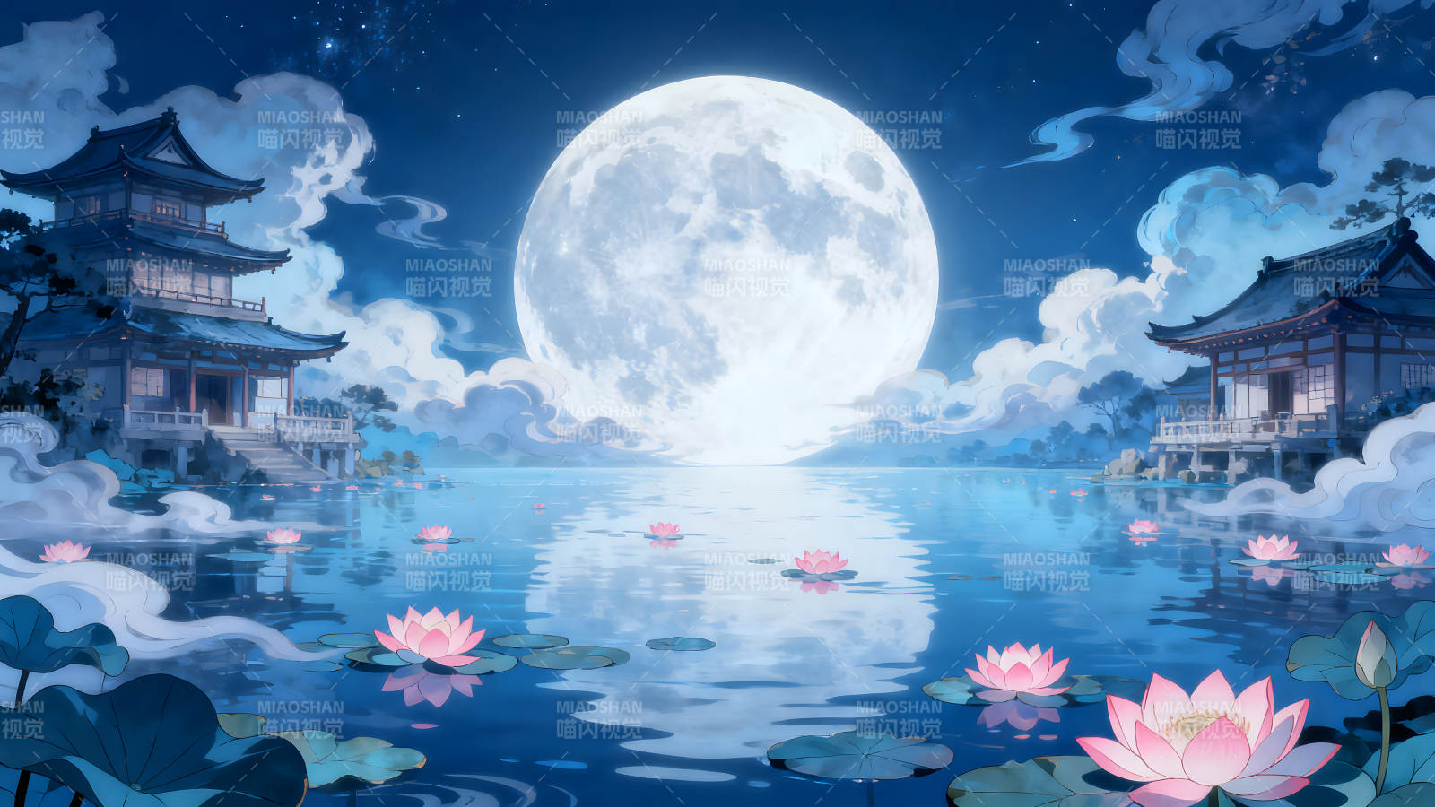 月下荷塘景色唯美静谧图片