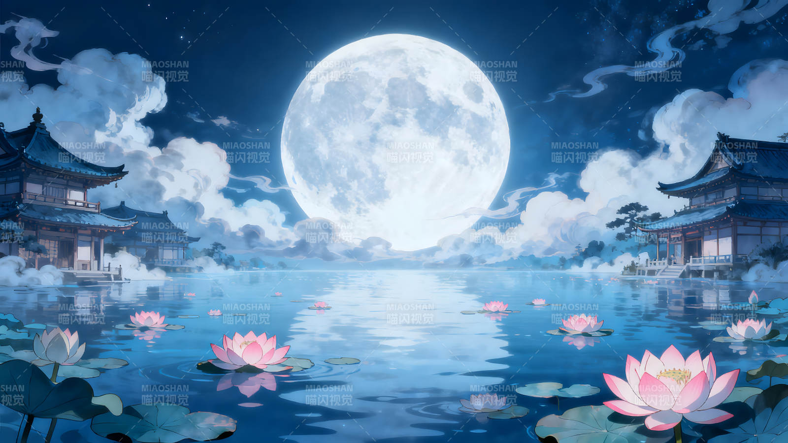 月夜莲池美景静谧祥和图片