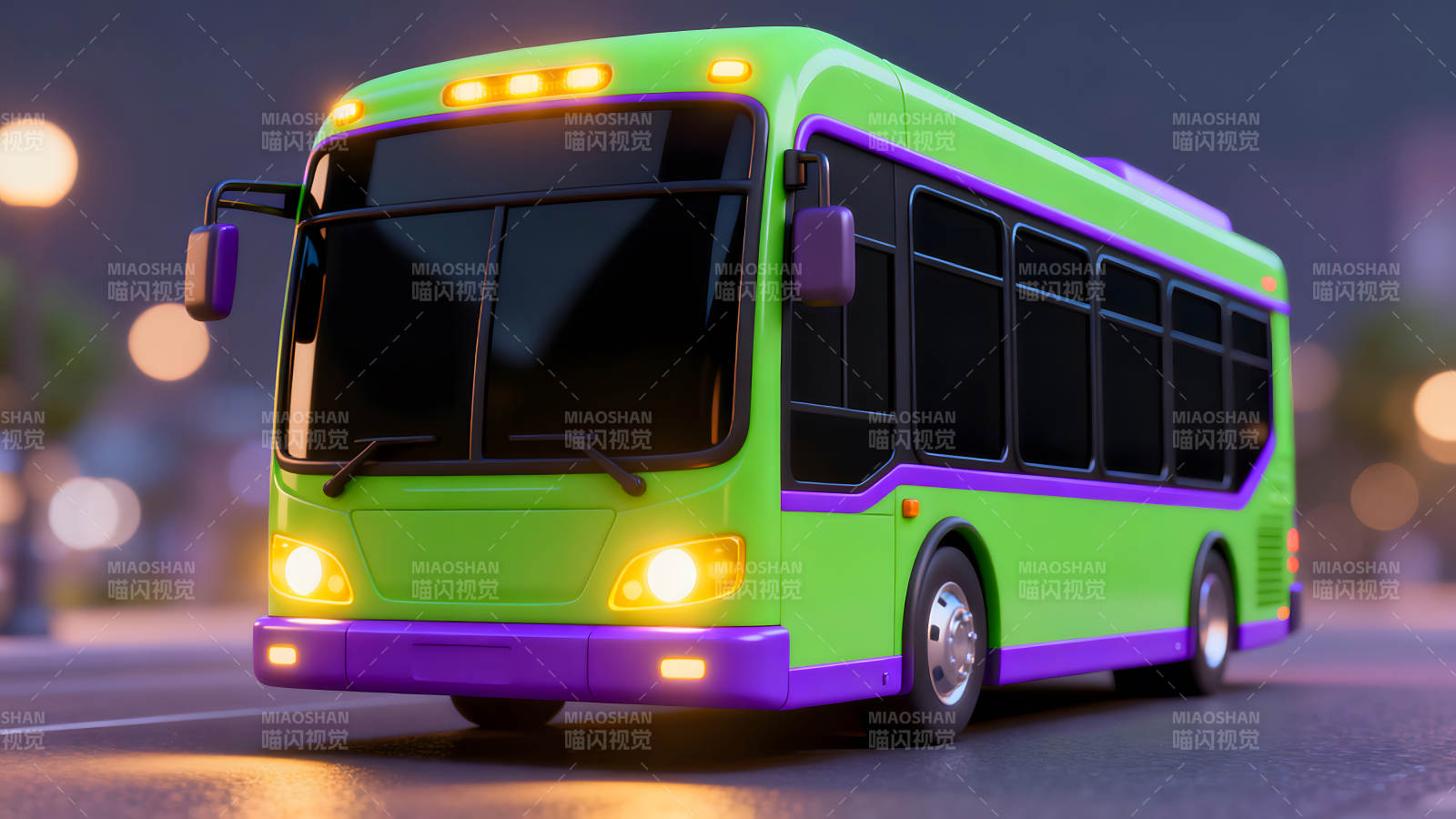 卡通风格绿色巴士在夜晚行驶图片