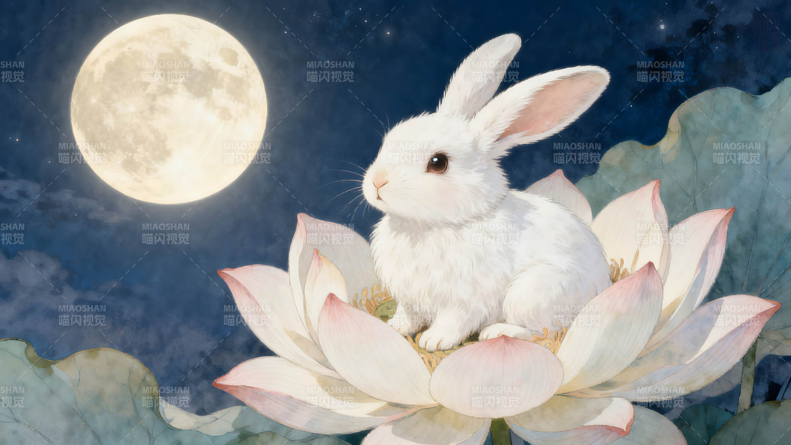 月下玉兔坐莲赏月图片