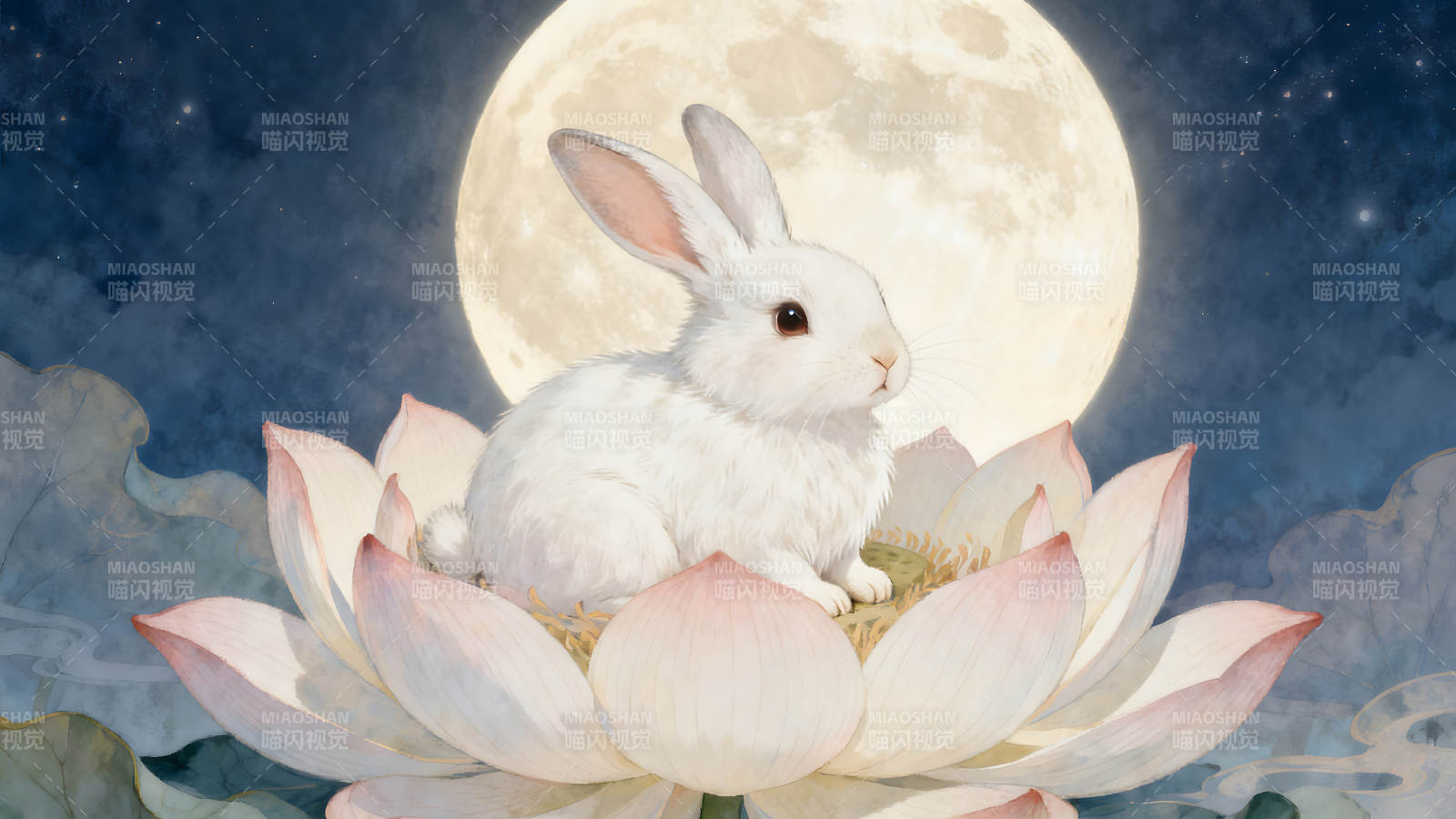 玉兔赏月莲花皎洁图片