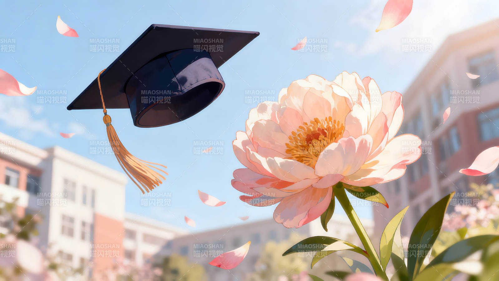 毕业季的祝福花朵与学士帽飞舞图片