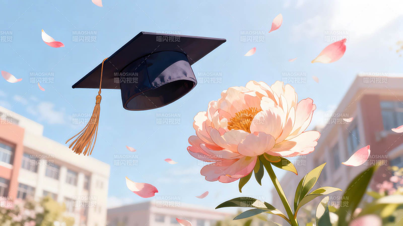 毕业季景象鲜花与学士帽同框图片