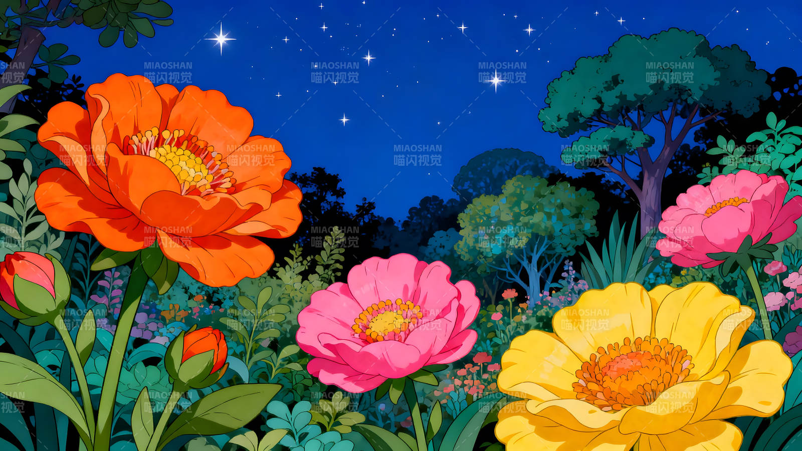 夜幕下盛开的花朵美丽的花园星光点缀图片