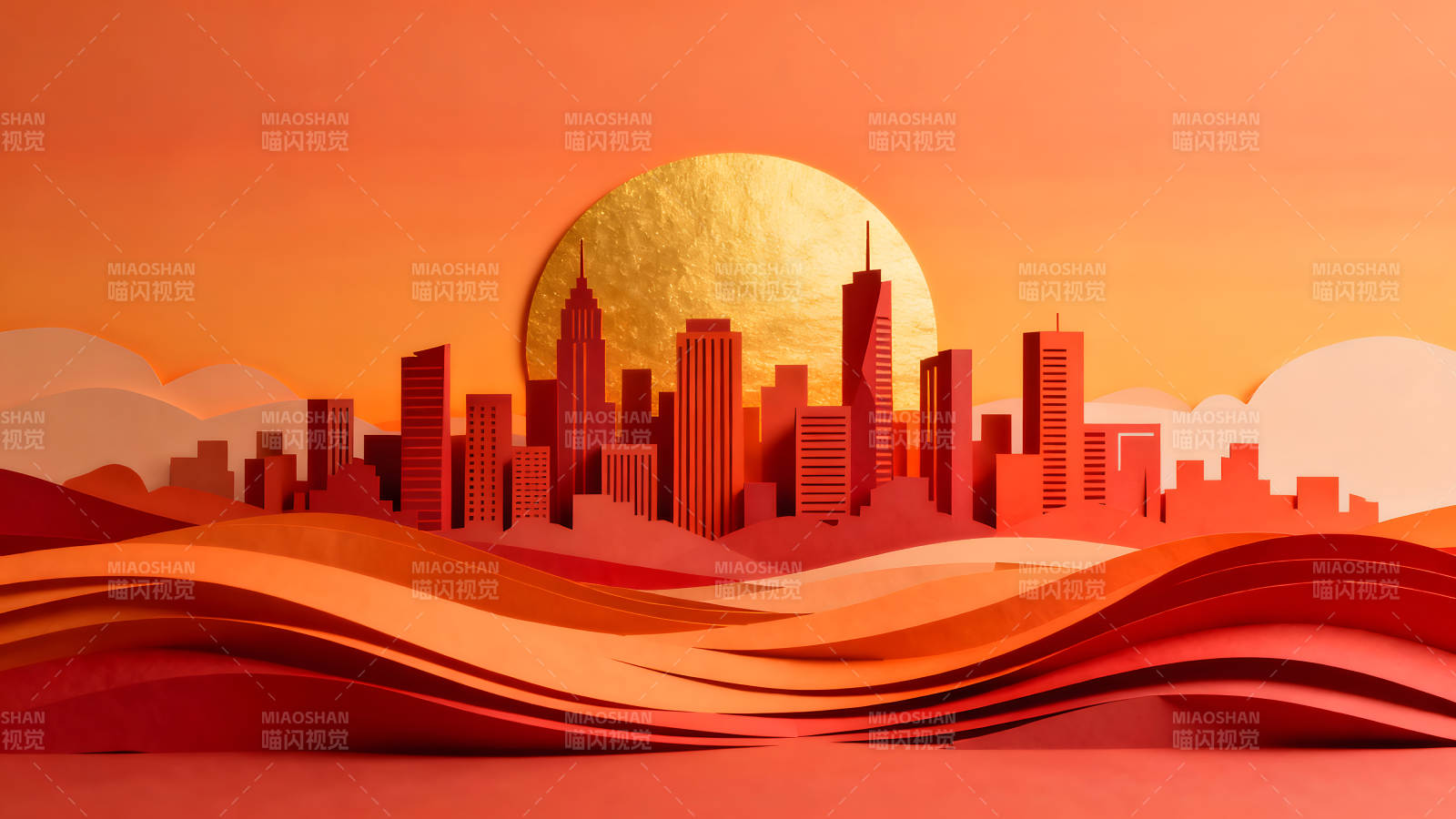 纸艺城市日出风景图片