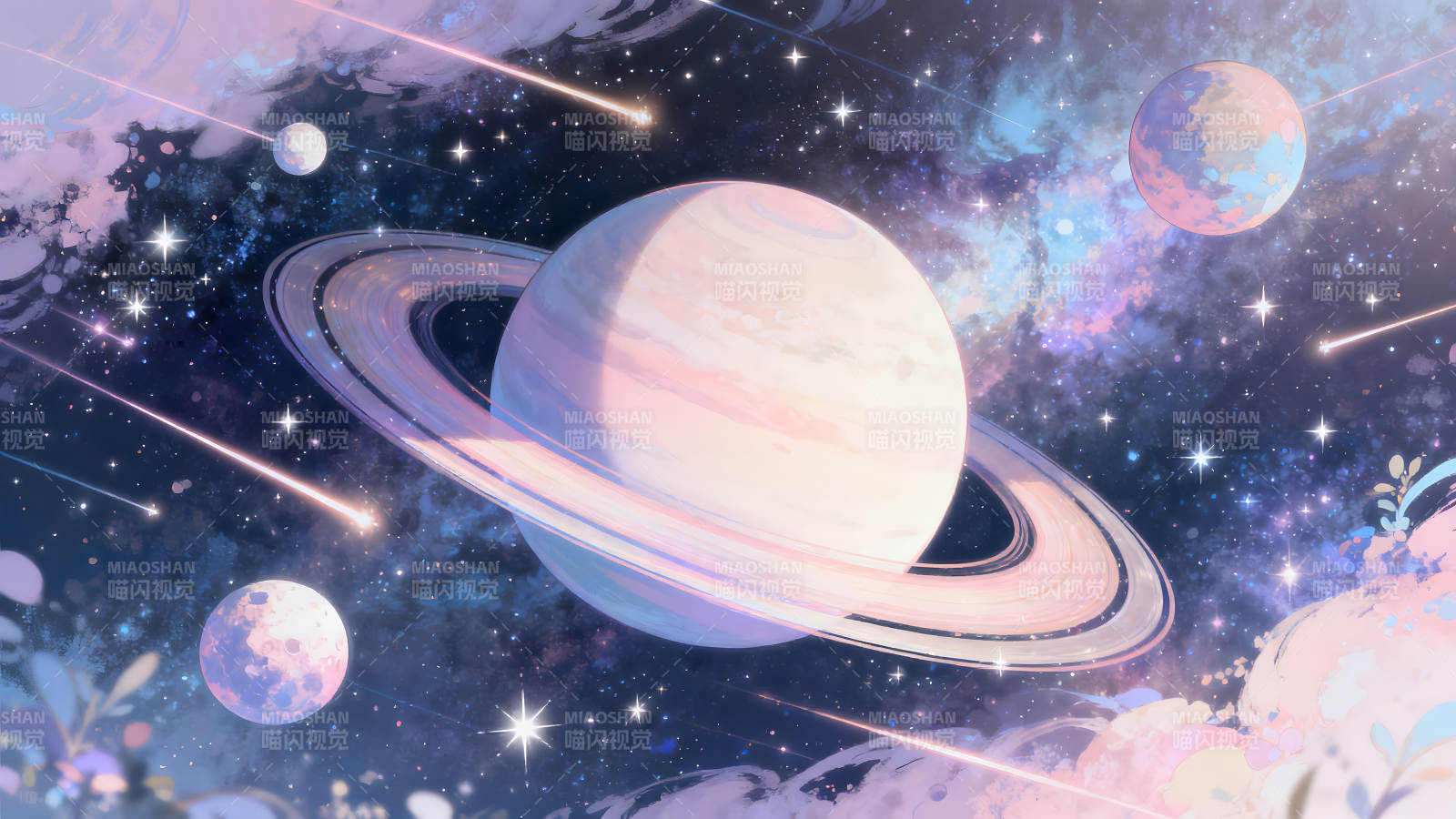 梦幻星空行星环绕流星划过图片