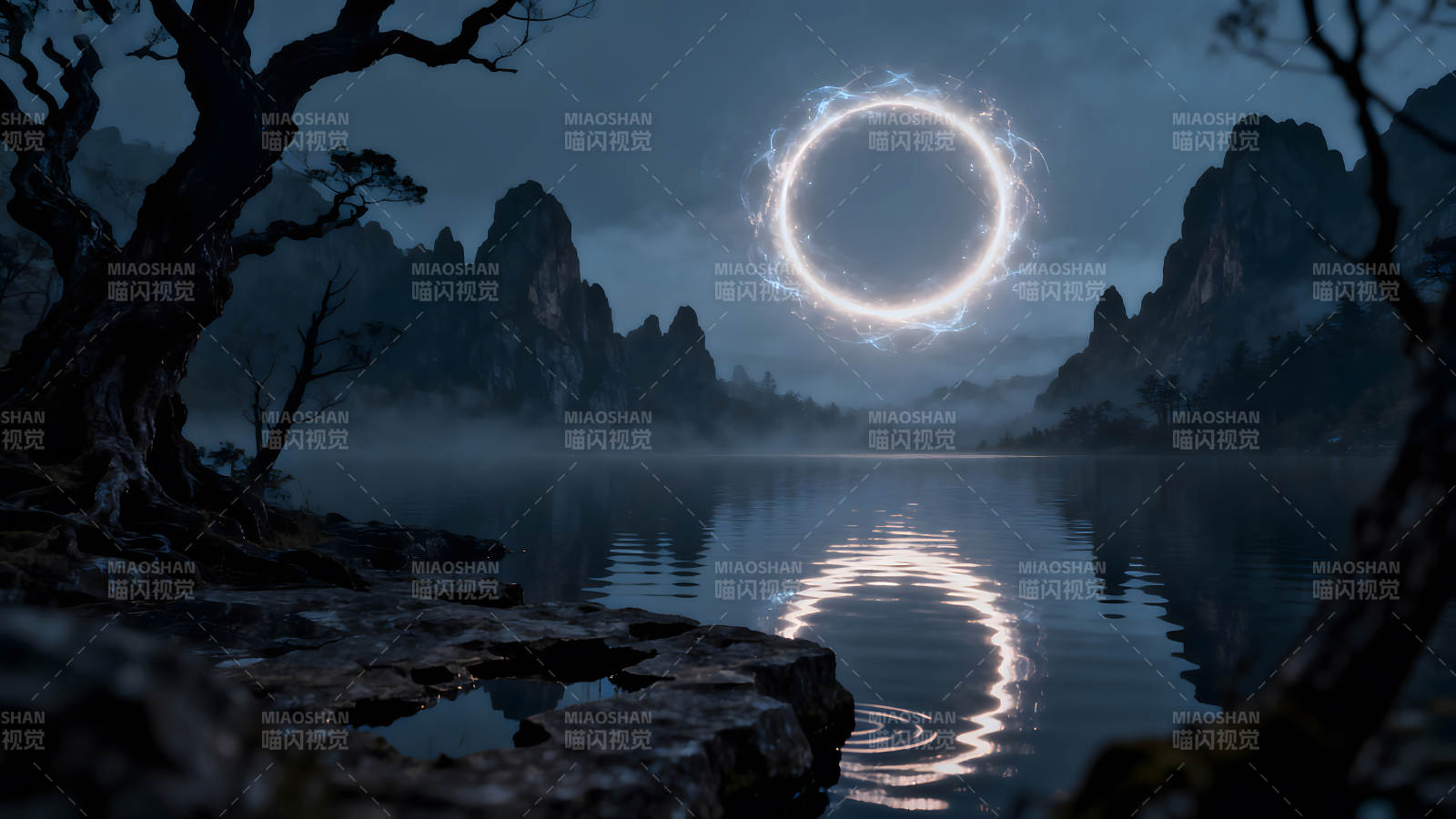 湖泊奇景光环倒影山峦树木图片