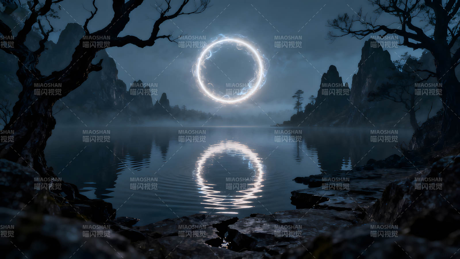 湖泊光环奇幻场景图片