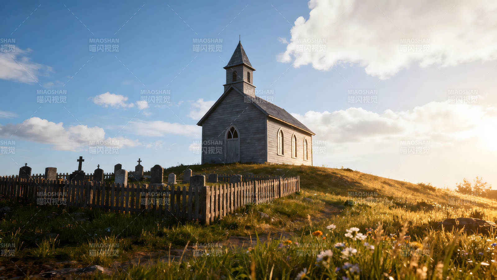教堂墓地蓝天白云阳光图片