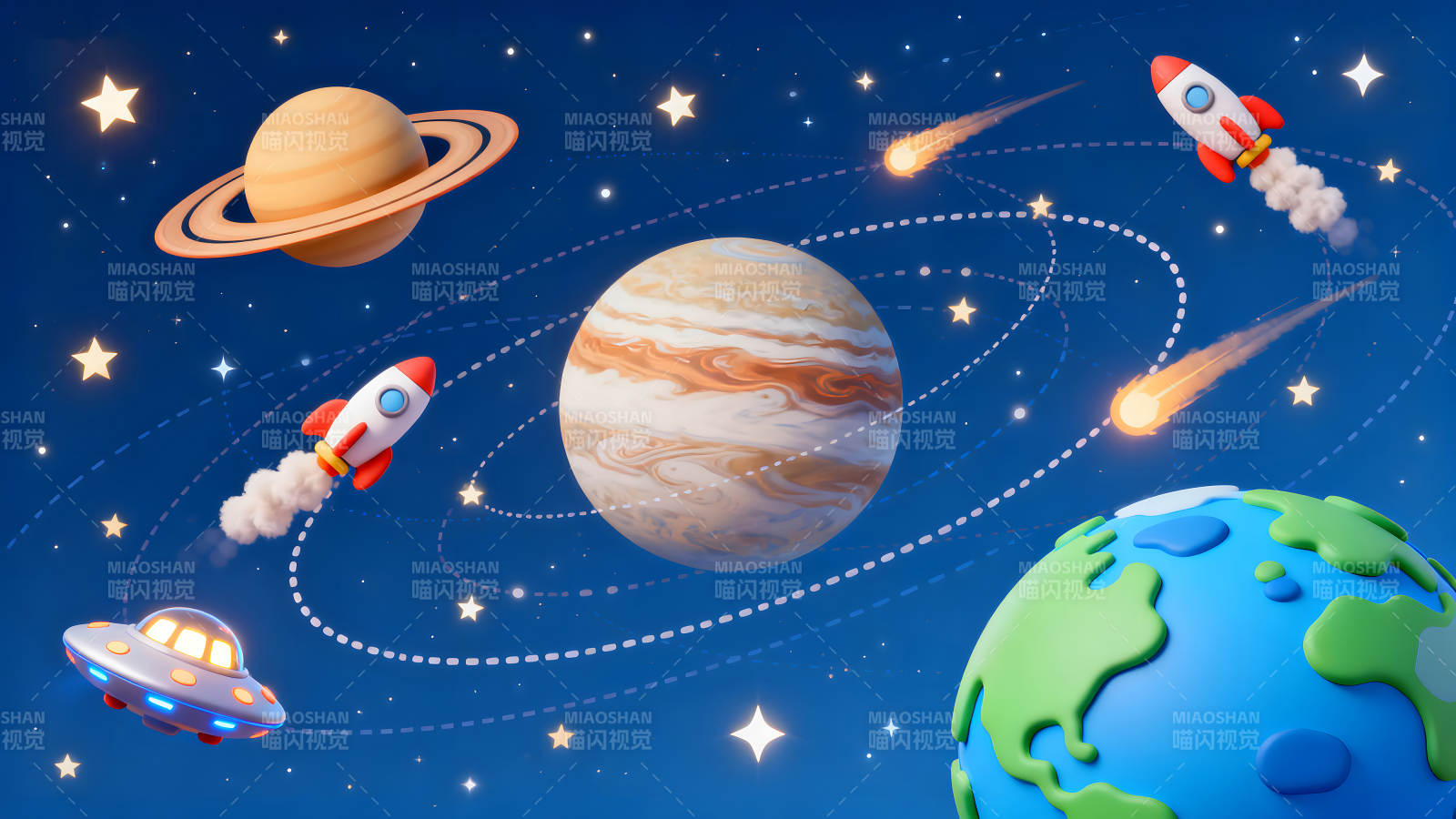 卡通宇宙场景行星火箭星星图片