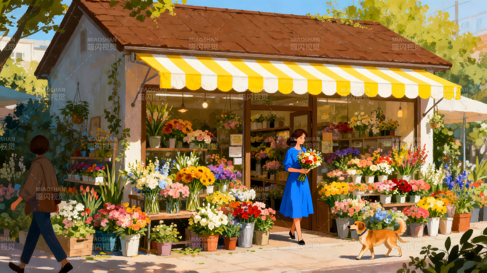 鲜花店前的女子与小狗图片