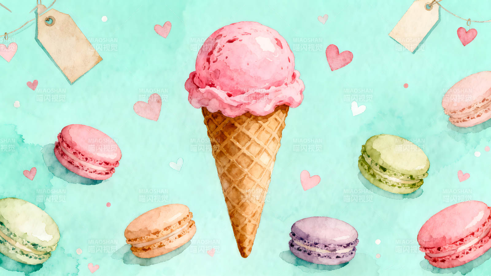 水彩风格的冰淇淋与马卡龙图片